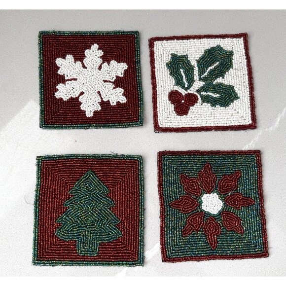 Crate & Barrel Set Of 4 Beaded Coasters Christmas Holiday 4” Square Fabric Back - Picture 1 of 7
